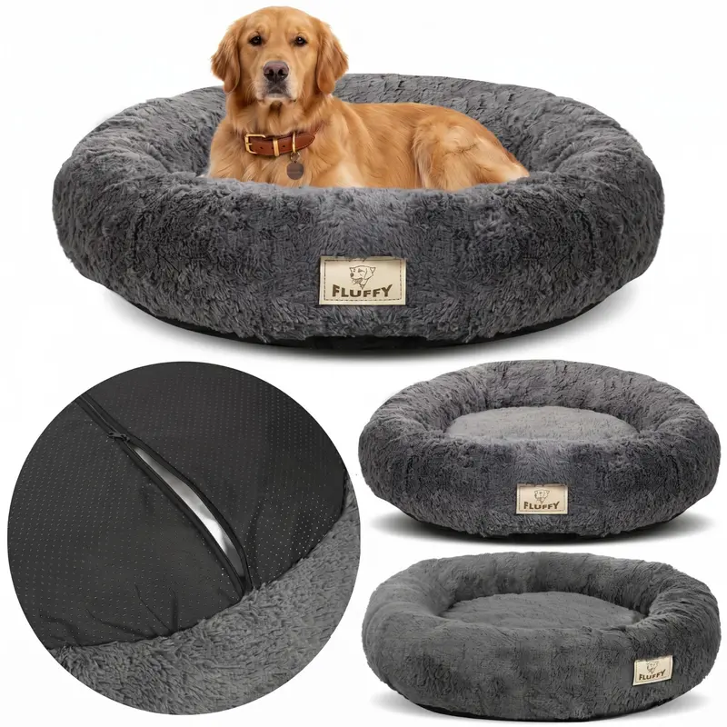 Shaggy-Hundebett 40 cm dunkelgrau abnehmbarer Bezug rutschhemmend