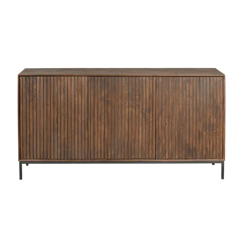 Sideboard - Braunes Mangoholz, Vertikale Lamellenfront, Schwarzes Metallgestell, 165 cm – Madison | Starfurn