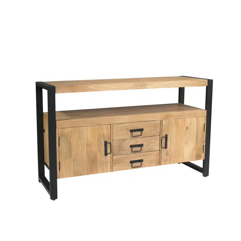 Sideboard – Mangoholz Material, Schwarzes Metallgestell, Streifenholz Design – Britt | Starfurn