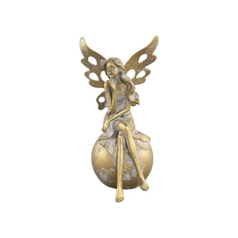 Skulptur – Goldfarbener Engel, Sitzendes Design, Detailreiche Flügel – Xmas Trayan | PTMD