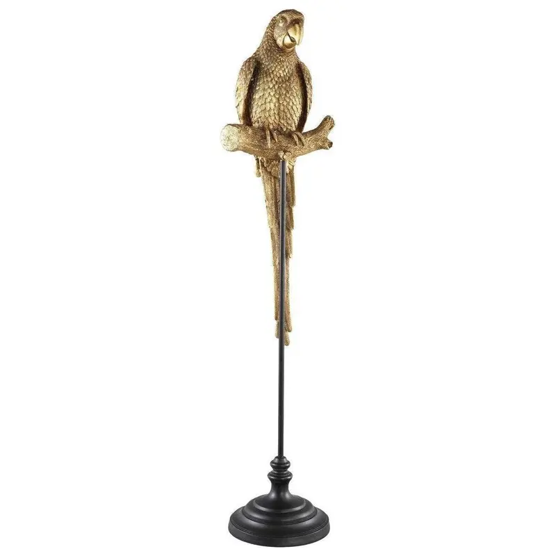 Skulptur – Goldfarbenes Kunstharz, Papageienmotiv, Schwarzer Sockel – Avesh | PTMD