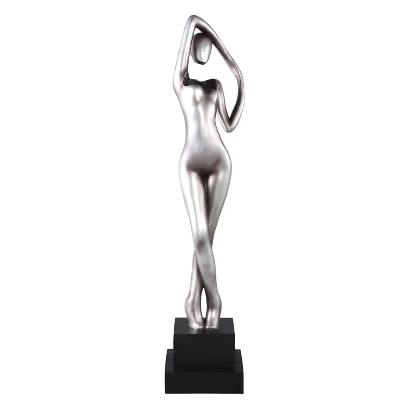 Skulptur – Silberfarbenes Polyester, Frauenfigur, Schwarzer Sockel – Leonne | PTMD
