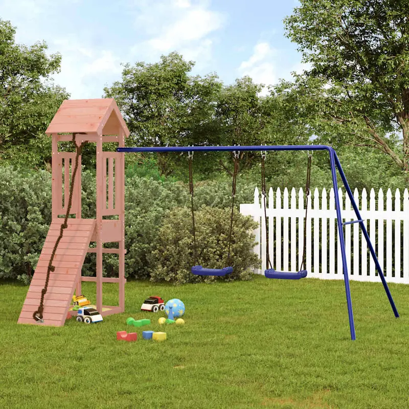 Spielturm Massivholz Douglasie mit Kletterwand, Doppelschaukel, Sandkasten