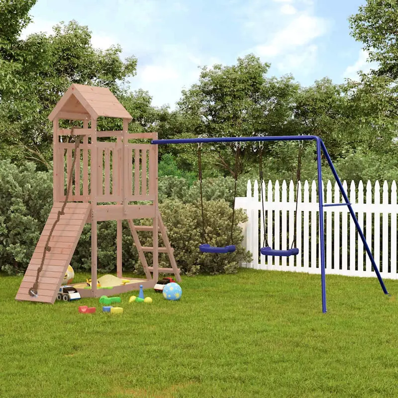 Spielturm Massivholz Douglasie mit Kletterwand, Rutsche, Schaukel