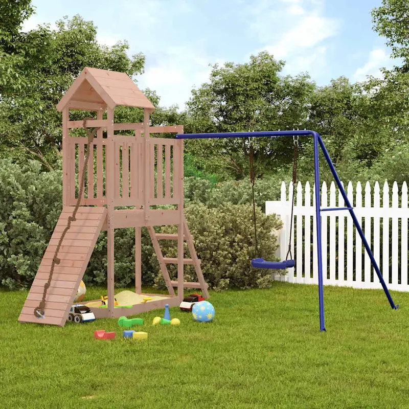 Spielturm Massivholz Douglasie mit Kletterwand, Rutsche, Schaukel