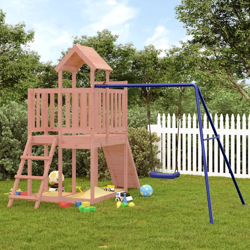 Spielturm Massivholz Douglasie mit Kletterwand, Schaukel