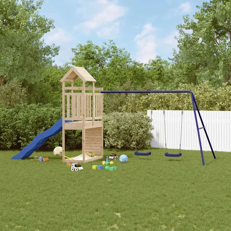 Spielturm Massivholz Kiefer mit Kletterwand, Rutsche, Doppelschaukel 465 x 186 x 214 cm (L x B x H)
