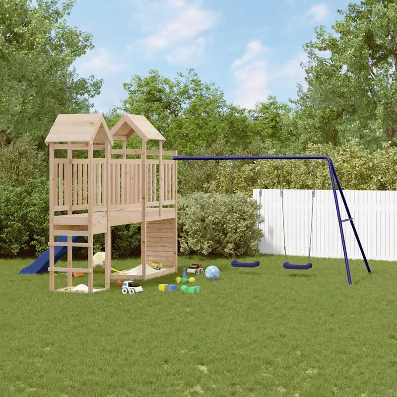 Spielturm Massivholz Kiefer mit Kletterwand, Rutsche, Schaukel