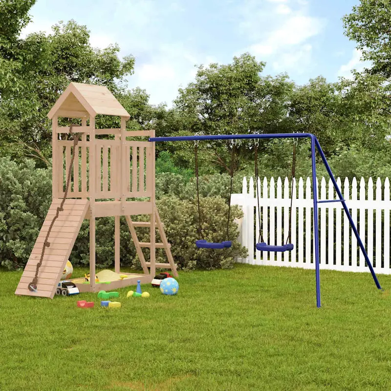 Spielturm Massivholz Kiefer mit Kletterwand, Rutsche, Schaukel