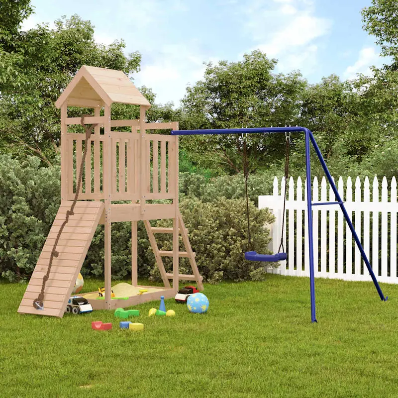 Spielturm Massivholz Kiefer mit Kletterwand, Rutsche, Schaukel