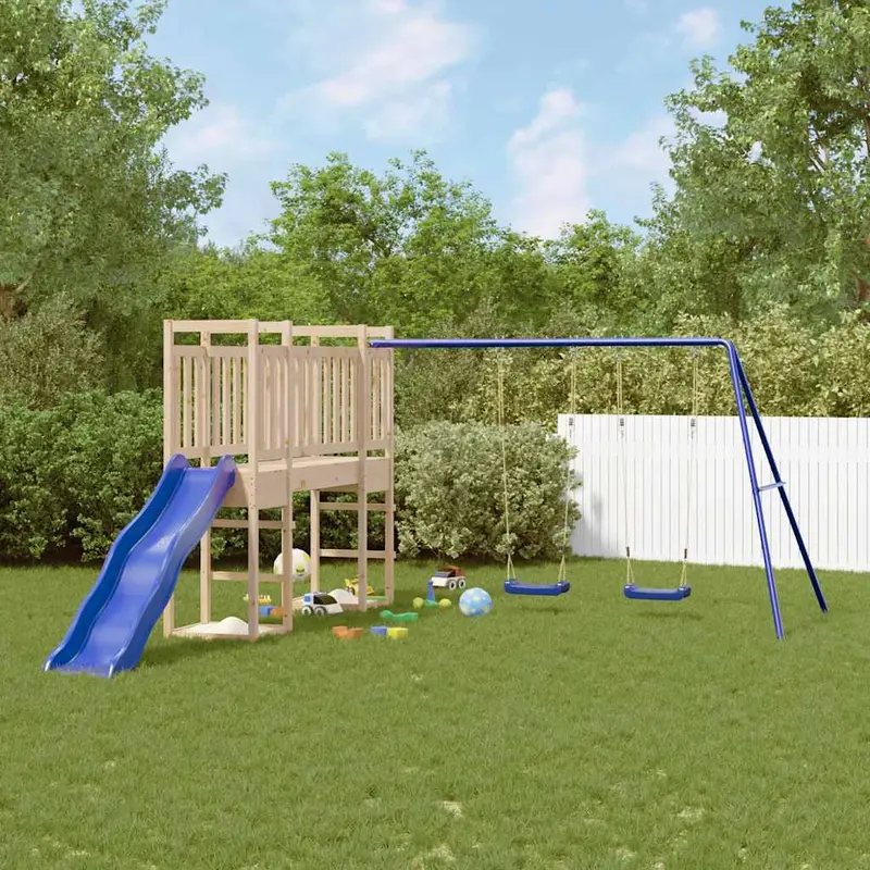Spielturm Massivholz Kiefer mit Kletterwand, Rutsche, Schaukel