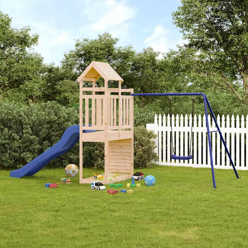 Spielturm Massivholz Kiefer mit Kletterwand, Rutsche, Schaukel 465 x 186 x 214 cm (L x B x H)