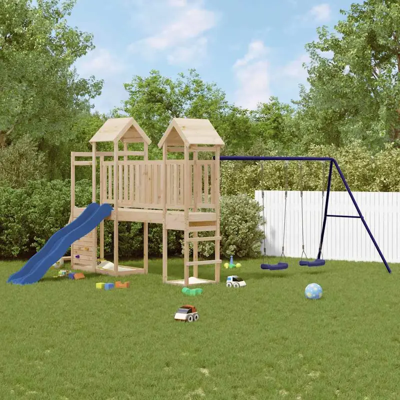 Spielturm Massivholz Kiefer mit Kletterwand, Rutsche, Schaukel