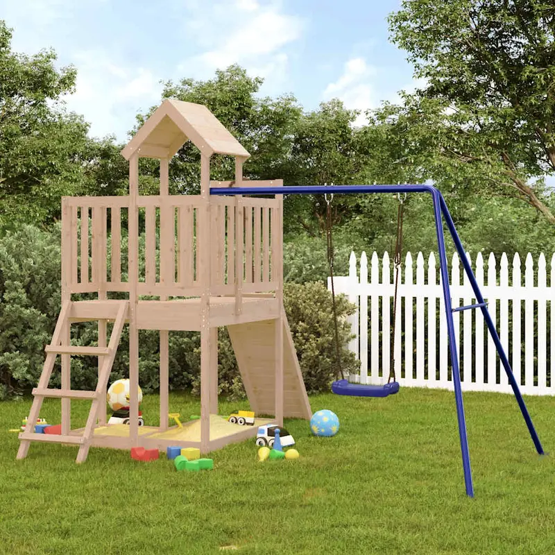 Spielturm Massivholz Kiefer mit Kletterwand, Schaukel