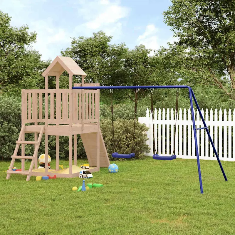 Spielturm Massivholz Kiefer mit Kletterwand, Schaukel