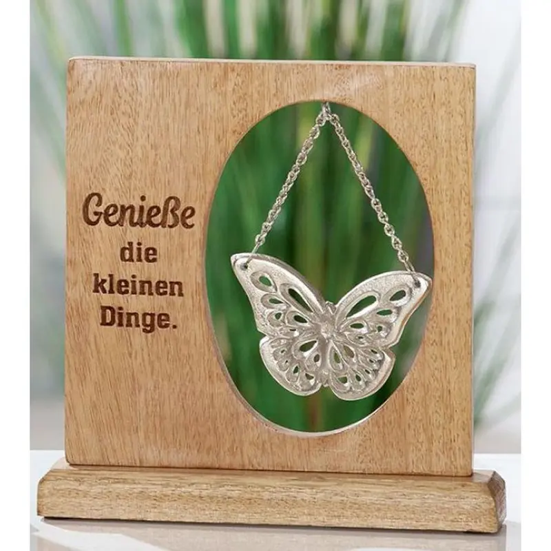 Standbotschaft groß mit hängendem Schmetterling "Genieße die kleinen Dinge" 23cm