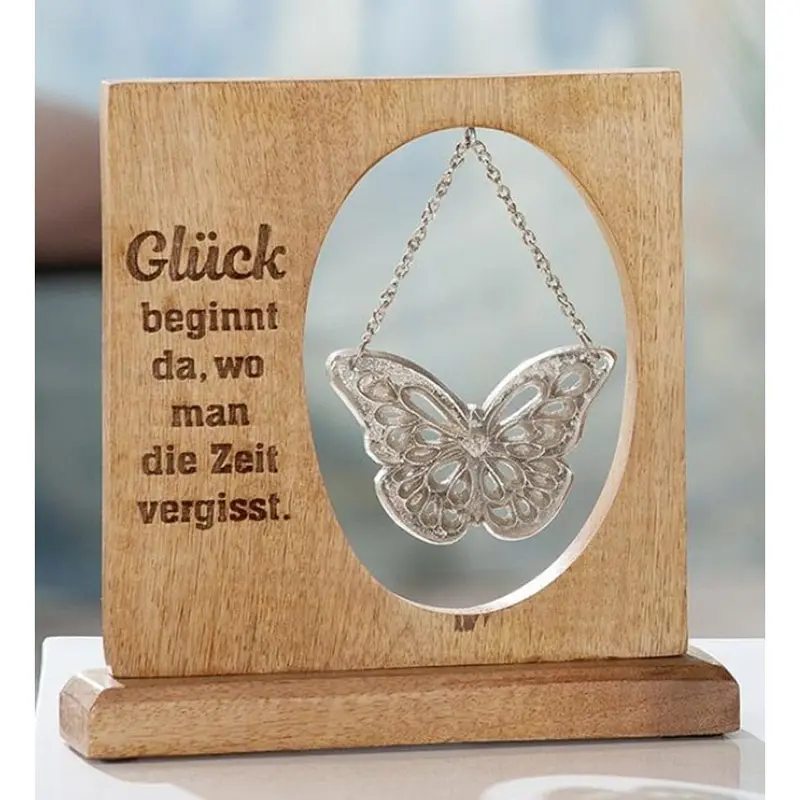 Standbotschaft groß mit Schmetterling "Glück beginnt da, wo man die Zeit vergisst." 23cm