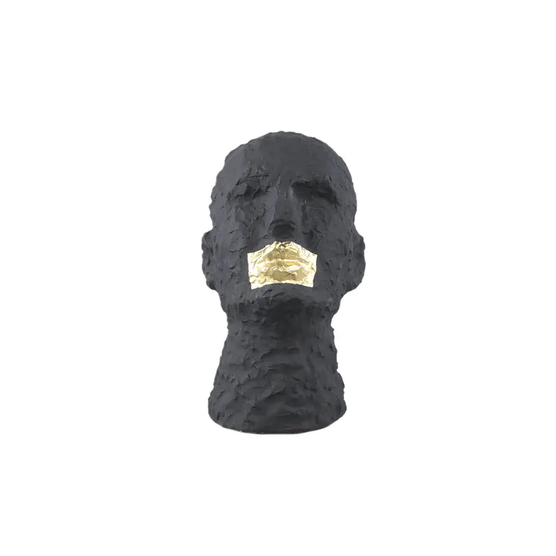 Statue – Kopf Design, Keramik Material, Schwarz, Goldene Mund Details – Bertrand | PTMD