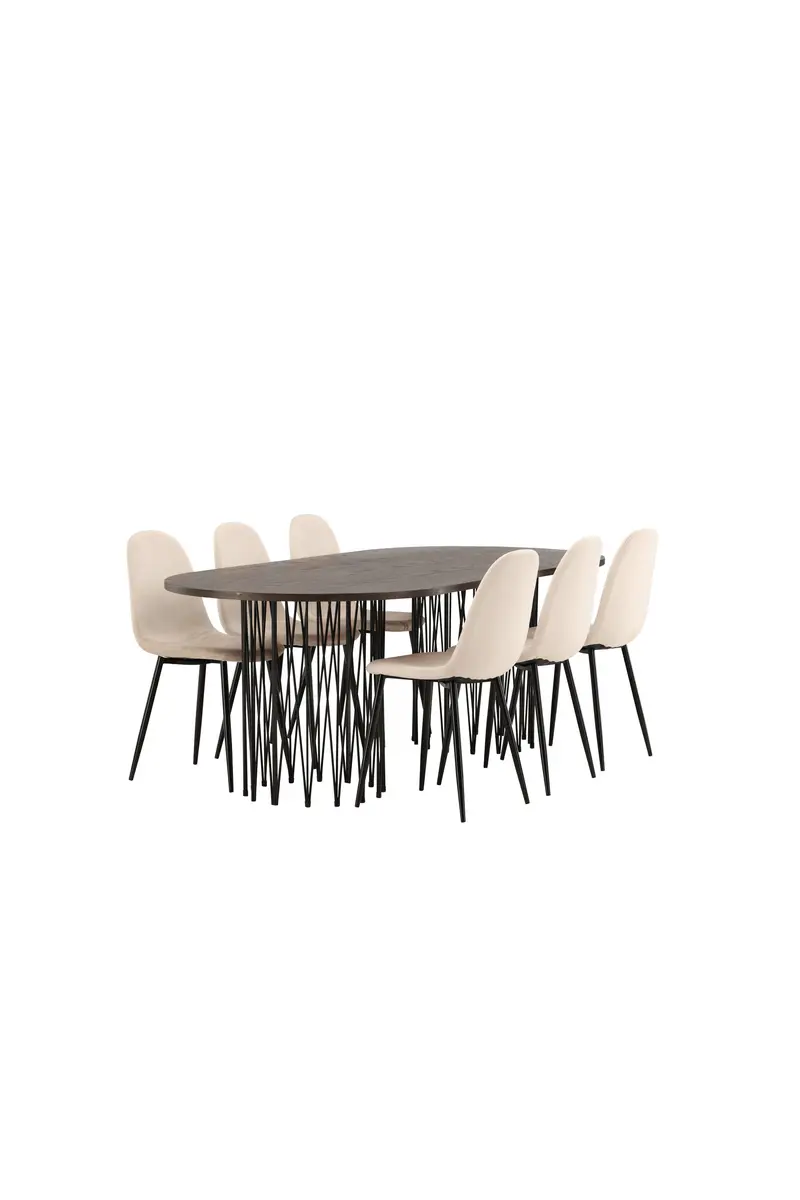 Stone ovales Essgruppen Set 7 teilig mit Esstisch 220 x 100 cm und 6 beigen Polar Stühlen