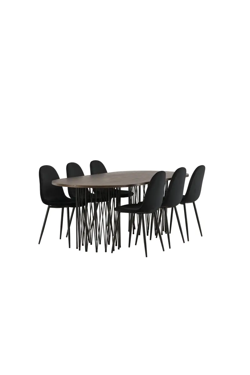 Stone ovales Essgruppen Set 7 teilig mit Esstisch 220 x 100 cm und 6 schwarzen Polar Esszimmerstühlen