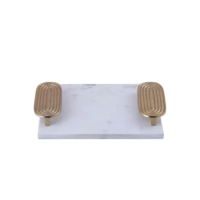 Tablett - Marmor, gegossenes Aluminium, handgefertigt, rechteckig, goldfarbene Griffe, S – Dez | PTMD