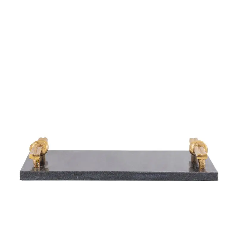 Tablett - Marmor, schwarz, rechteckig, goldfarbener Knoten-Griff, S – Aimie | PTMD