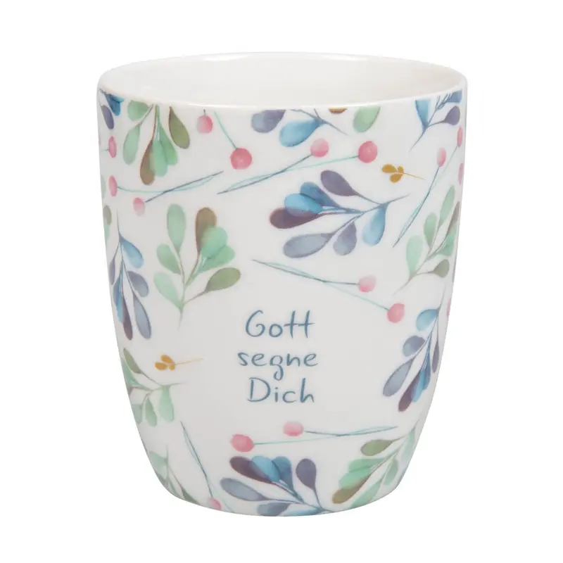 Tasse "Gott segne Dich" blau-grünes Blättermotiv