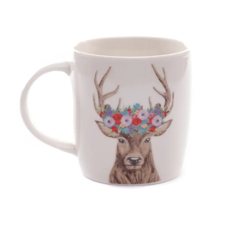 TASSE "HIRSCH MIT BLUMENKRANZ" | 12 cm, weiß | Kaffeetasse