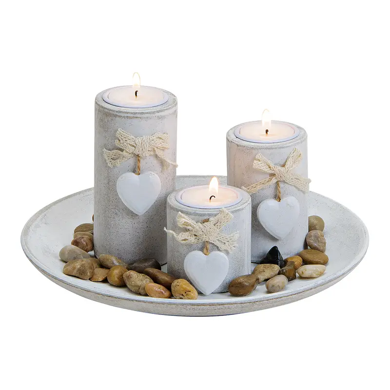 Teelichthalter – 3er Set, weißes Holz, Herz-Anhänger | Wurm