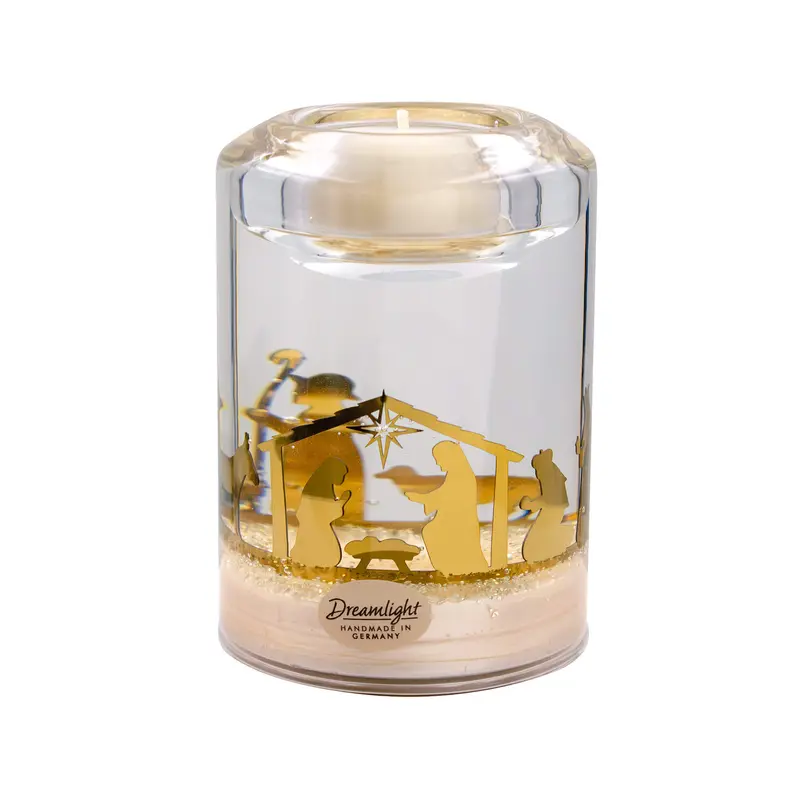 Teelichthalter aus Glas mit Krippenszene aus Metall 10cm