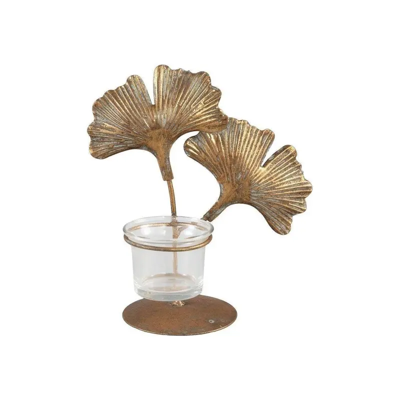 Teelichthalter – Ginkgo-Blätter, Metall und Glas, Antikgold - Astrid | PTMD