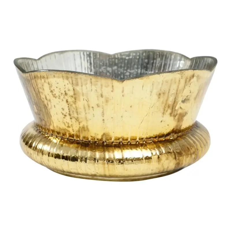 Teelichthalter – Goldenes Glas, Gerippte Struktur, Gewellter Rand, Niedrig - Baloe | PTMD
