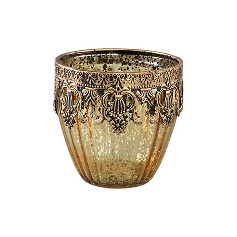 Teelichthalter – Goldfarbenes Glas, Verzierte Bordüre, Gerippte Struktur - Decoritz | PTMD