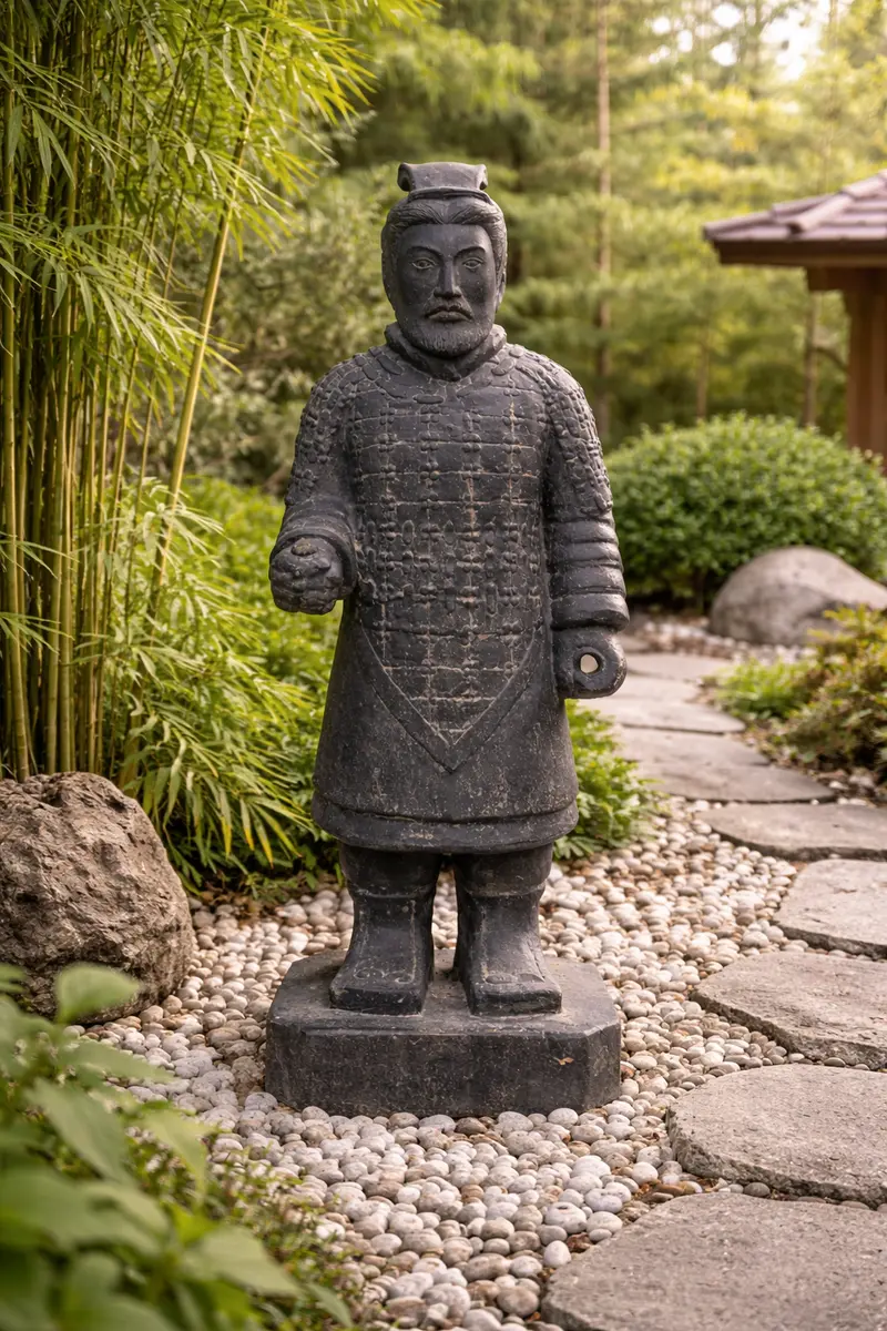 Terrakotta Krieger Statue 100 cm – Asiatische Gartenfigur aus Steinguss – Wetterfeste XXL Skulptur 40 kg – Premium Gartendeko
