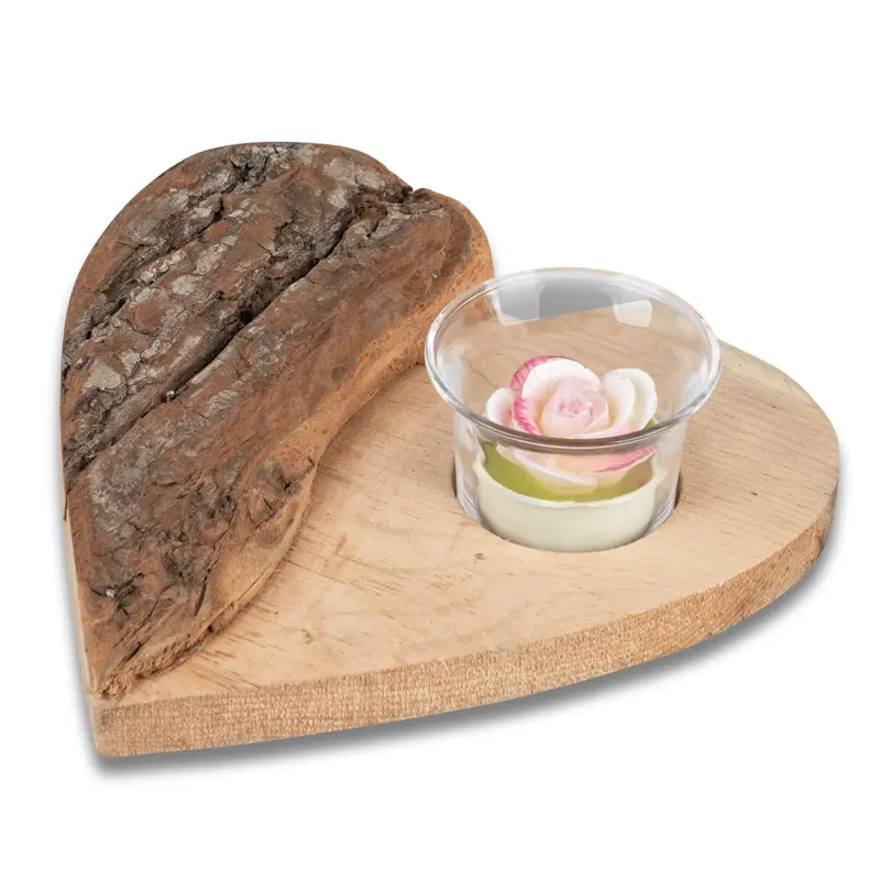 Tischdeko Holzherz Leuchter mit Baumrinde und Teelichtglas