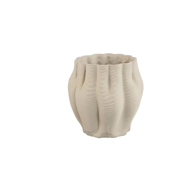 Topf – Beige Oberfläche, Wellenförmige Rillenstruktur, Zement Material, L – Romen | PTMD