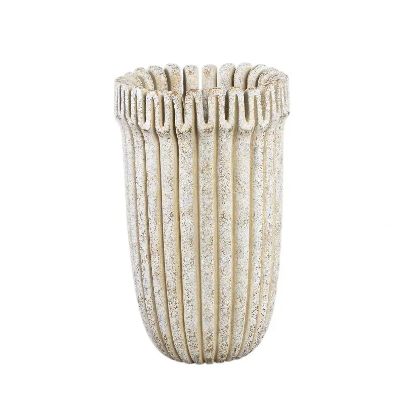Topf – Creme Farbe, Gerippte Linienstruktur, Zement Material, Hohe Form, L – Raffay | PTMD