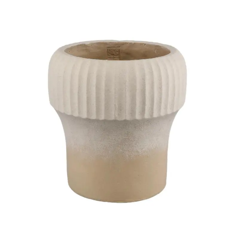Topf – Gerippter Rand, Runde Form, Beige Oberfläche, Zement Material, XL – Emilee | PTMD