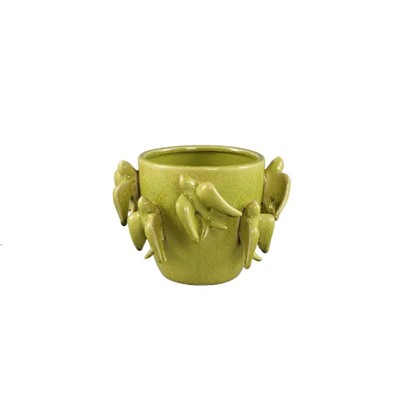 Topf – Grüne Farbe, Runde Form, Glasierte Oberfläche, Vogelmotiv, Keramik, S – Emmelyn | PTMD