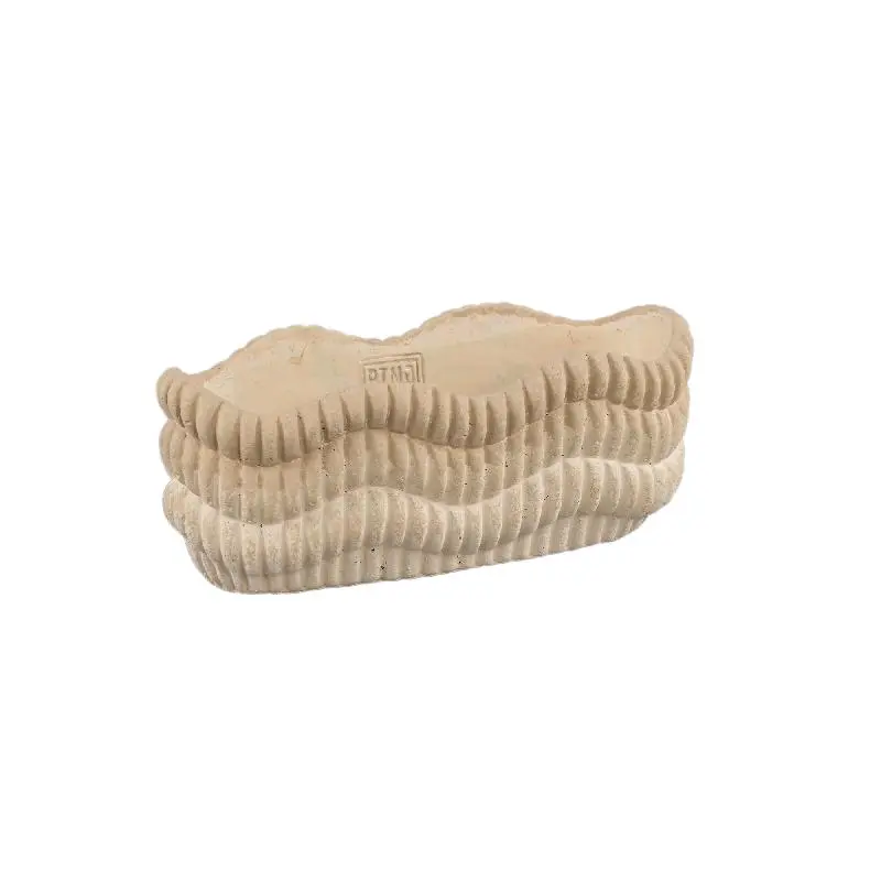 Topf - Ovaler Zement, Rillenmuster, Wellenlinienmuster, Cremefarbe, S – Kiera | PTMD