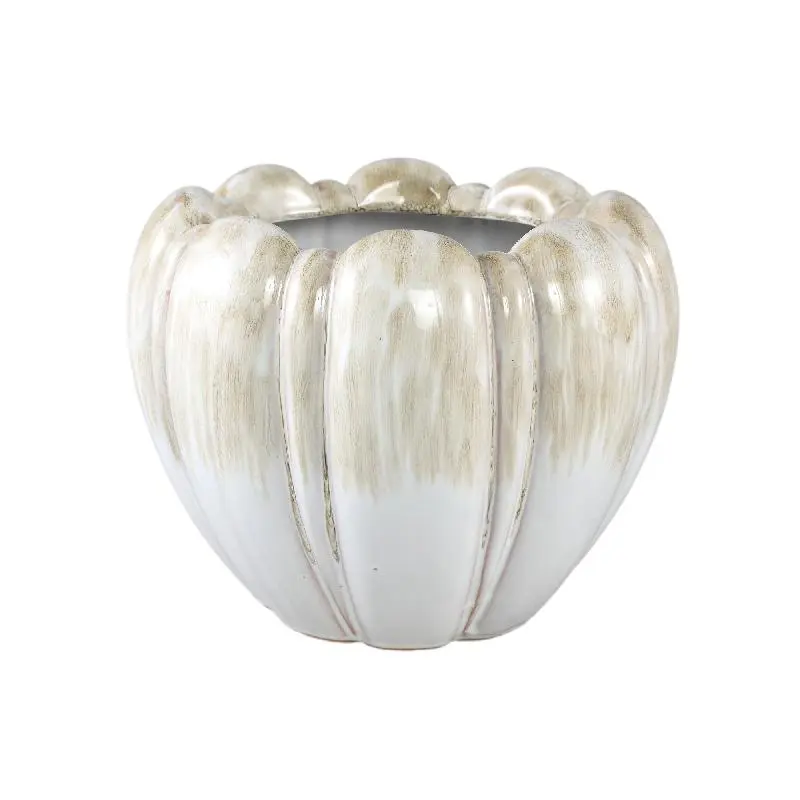 Topf – Runde Form, Keramik Material, Dickes Rippendesign, Creme, L – Dugan | PTMD