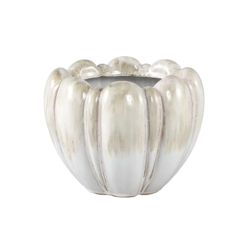 Topf – Runde Form, Keramik Material, Dickes Rippendesign, Creme, M – Dugan | PTMD