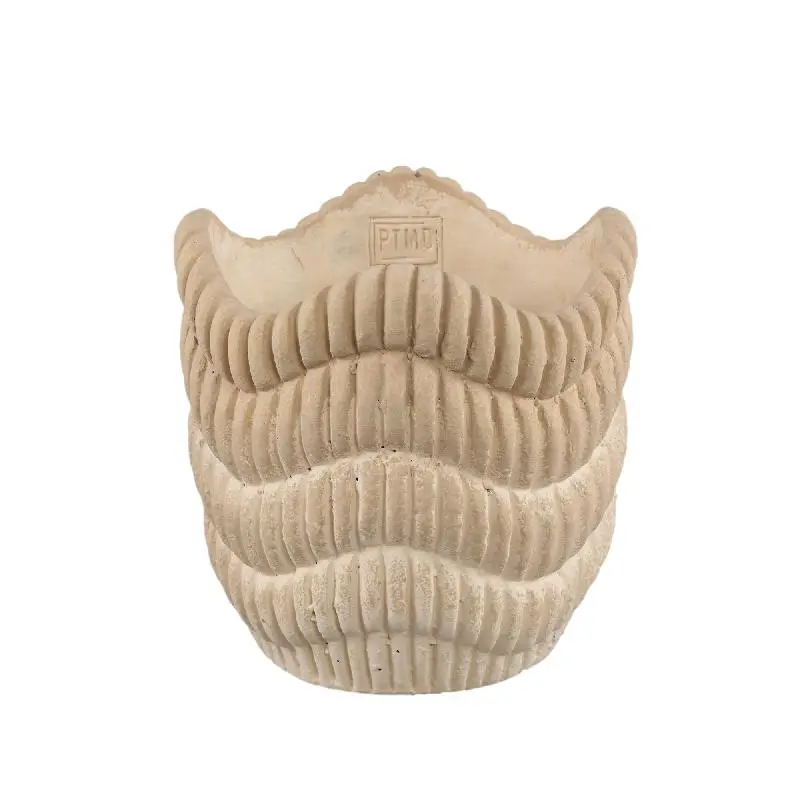 Topf - Runder Zement, Rillenmuster, Wellenlinienmuster, Cremefarbe, L – Kiera | PTMD