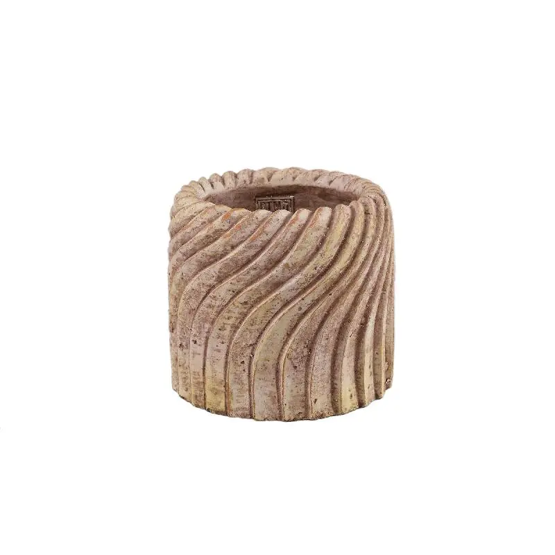 Topf - Runder Zement, Wellenlinienmuster, Beige, M – Tiera | PTMD
