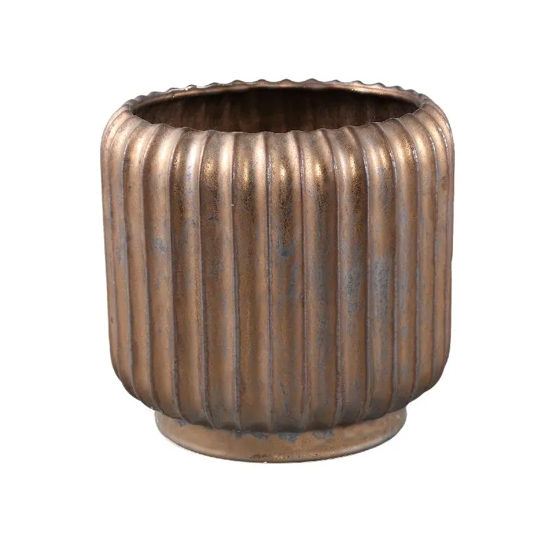 Topf – Rundes Design, Keramik, Linienstruktur, Bronze, L – Eevie | PTMD