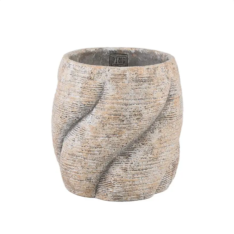 Topf – Taupe Farbe, Wirbel Design, Zement Material, Runde Form, S – Evanthia | PTMD
