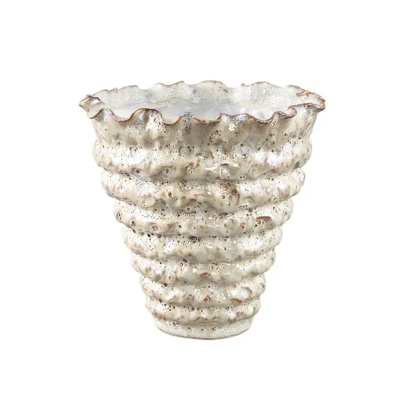 Topf – Unregelmäßige Form, Gerippte Oberfläche, Cremefarbe, Keramikmaterial, L – Nianh | PTMD