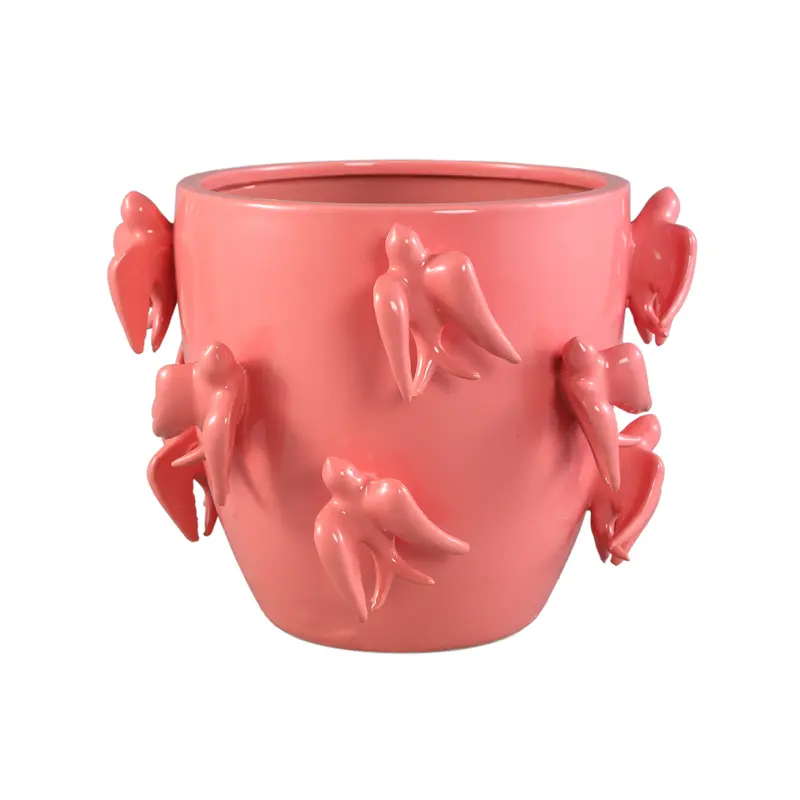 Topf – Vogelmotiv Design, Runde Form, Rosa Farbe, Keramikmaterial, L – EmmeLyn | PTMD