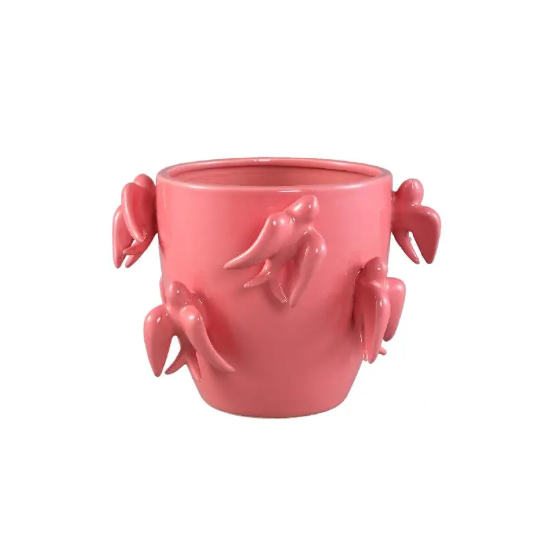 Topf – Vogelmotiv Design, Runde Form, Rosa Farbe, Keramikmaterial, M – EmmeLyn | PTMD