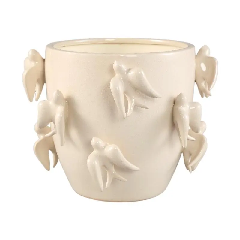 Topf – Vogelmotiv Design, Runde Form, Weiße Farbe, Keramikmaterial, L – EmmeLyn | PTMD